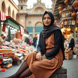A Muslim girl wearing traditional attire, sitting gracefully in a vibrant outdoor market in Tehran, surrounded by colorful fabrics and decorative items