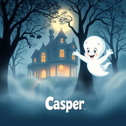 A nostalgic and whimsical movie poster inspired by the 1995 film 'Casper', featuring a friendly ghost in a bright, enchanting atmosphere