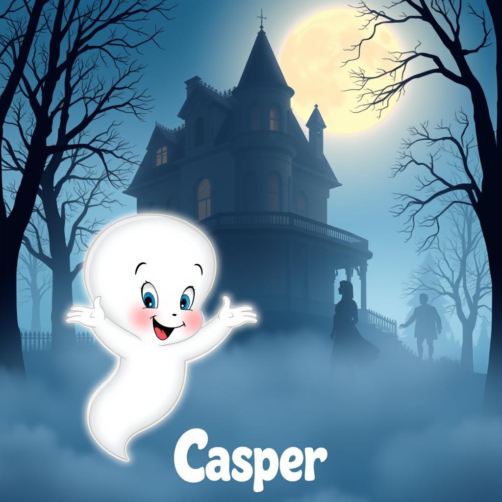 A nostalgic and whimsical movie poster inspired by the 1995 film 'Casper', featuring a friendly ghost in a bright, enchanting atmosphere