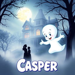 A nostalgic and whimsical movie poster inspired by the 1995 film 'Casper', featuring a friendly ghost in a bright, enchanting atmosphere