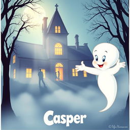 A nostalgic and whimsical movie poster inspired by the 1995 film 'Casper', featuring a friendly ghost in a bright, enchanting atmosphere