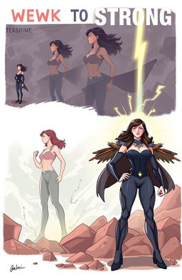 A powerful transformation illustration depicting a woman going from weak to strong