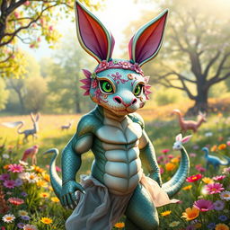 A whimsical dragonborn character wearing a colorful bunny mask, set in a fantastical landscape