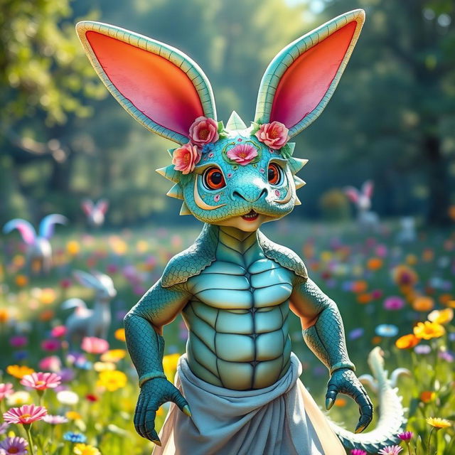 A whimsical dragonborn character wearing a colorful bunny mask, set in a fantastical landscape