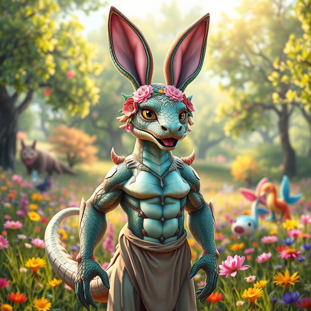 A whimsical dragonborn character wearing a colorful bunny mask, set in a fantastical landscape