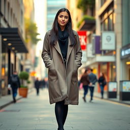 A European Muslim teenage girl wearing black stockings, standing in a stylish urban setting