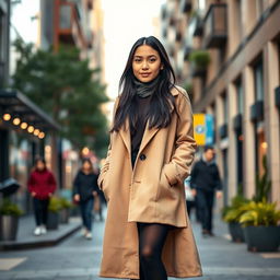A European Muslim teenage girl wearing black stockings, standing in a stylish urban setting
