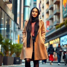 A European Muslim teenage girl wearing black stockings, standing in a stylish urban setting