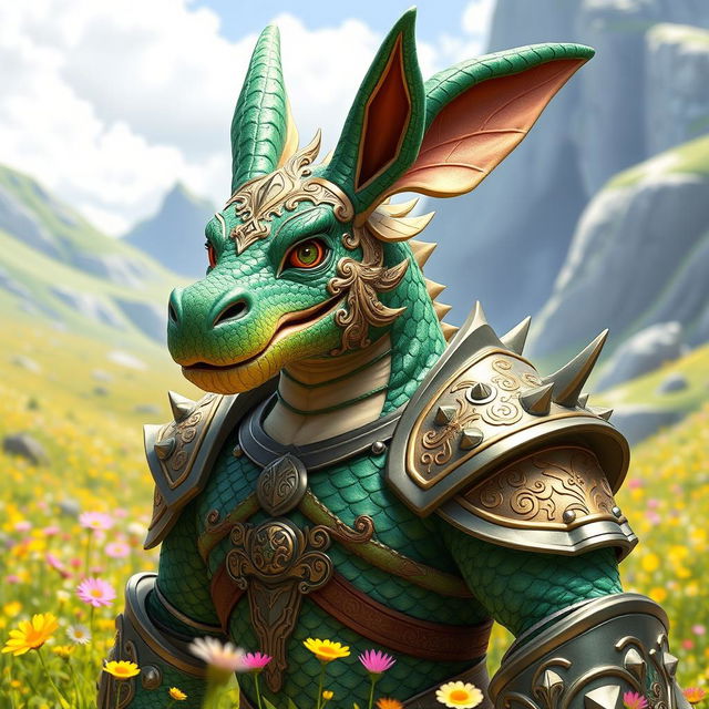 A bold dragonborn character, fully grown and regal, wearing a stylized adult bunny mask