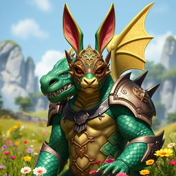 A bold dragonborn character, fully grown and regal, wearing a stylized adult bunny mask