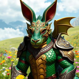 A bold dragonborn character, fully grown and regal, wearing a stylized adult bunny mask