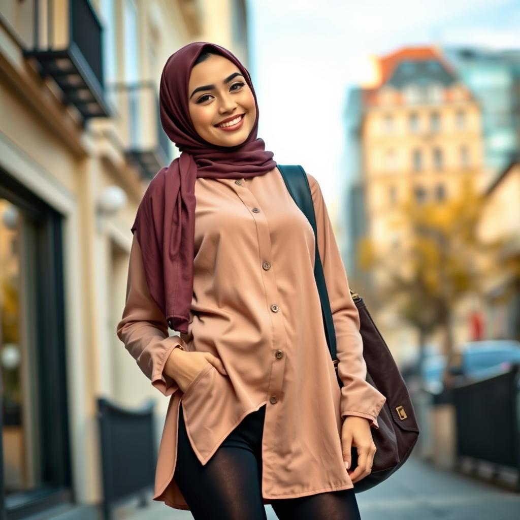 A stylish young European Muslim woman wearing a hijab, confidently posing in a fashionable outfit paired with black stockings