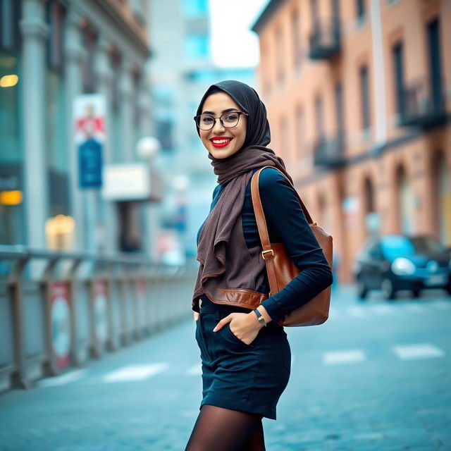 A stylish young European Muslim woman wearing a hijab, confidently posing in a fashionable outfit paired with black stockings