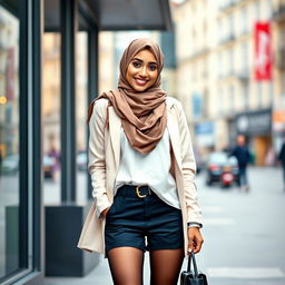 A stylish young European Muslim woman wearing a hijab, confidently posing in a fashionable outfit paired with black stockings