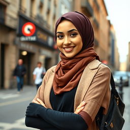A stylish young European Muslim woman wearing a hijab, confidently posing in a fashionable outfit paired with black stockings