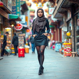 A Muslim teen girl dressed in a stylish outfit featuring black stockings and high heels, standing confidently in the bustling streets of Tehran