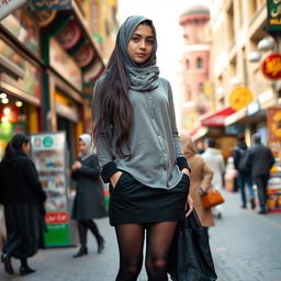 A Muslim teen girl dressed in a stylish outfit featuring black stockings and high heels, standing confidently in the bustling streets of Tehran