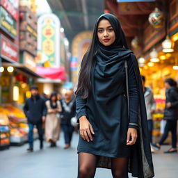A Muslim teen girl dressed in a stylish outfit featuring black stockings and high heels, standing confidently in the bustling streets of Tehran
