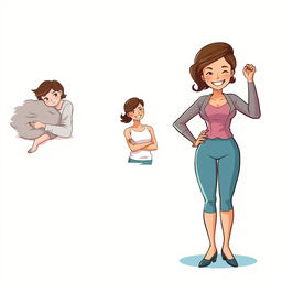 An illustration showing the transformation of a woman from feeling weak and weary to becoming a strong, empowered woman with a bright smile