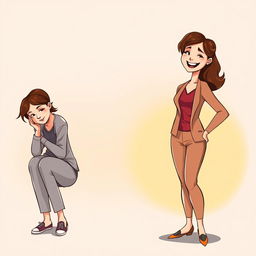 An illustration showing the transformation of a woman from feeling weak and weary to becoming a strong, empowered woman with a bright smile