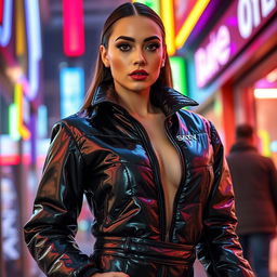 An alluring woman wearing a tight, shiny black latex puffer jacket that highlights her big boobs and stunning figure