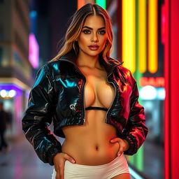 An alluring woman wearing a tight, shiny black latex puffer jacket that highlights her big boobs and stunning figure