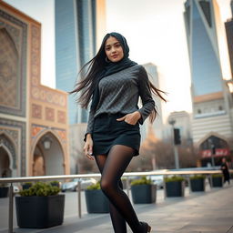 A striking portrait of a Muslim teenage girl in a stylish urban setting in Tehran, wearing elegant black stockings and fashionable high heels