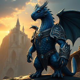 A majestic adult dragonborn standing confidently in a fantasy environment