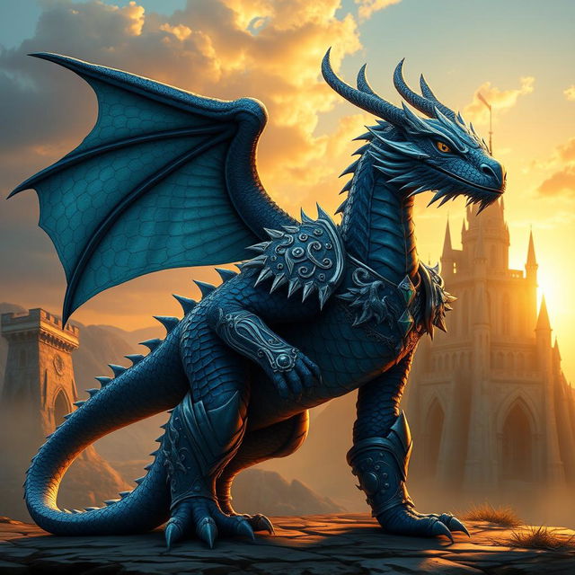 A majestic adult dragonborn standing confidently in a fantasy environment