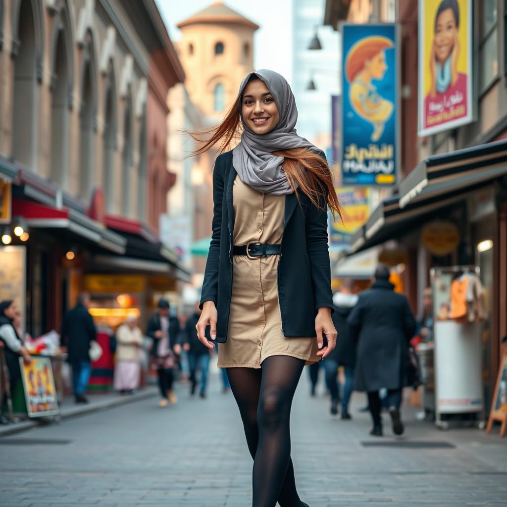 A fashionable Muslim teen girl wearing a stylish outfit, black stockings, and high heels, walking confidently down a bustling street in Tehran