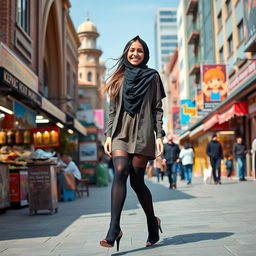 A fashionable Muslim teen girl wearing a stylish outfit, black stockings, and high heels, walking confidently down a bustling street in Tehran