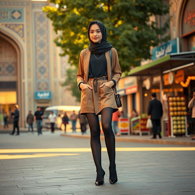 A stylish Muslim teenage girl wearing a stylish outfit featuring black stockings and high heels, walking confidently through the vibrant streets of Tehran