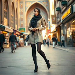 A stylish Muslim teenage girl wearing a stylish outfit featuring black stockings and high heels, walking confidently through the vibrant streets of Tehran