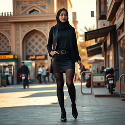 A stylish Muslim teenage girl wearing a stylish outfit featuring black stockings and high heels, walking confidently through the vibrant streets of Tehran