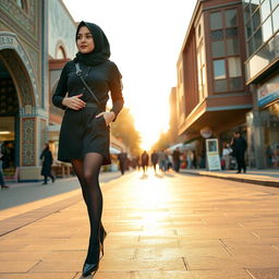 A stylish Muslim teenage girl wearing a stylish outfit featuring black stockings and high heels, walking confidently through the vibrant streets of Tehran