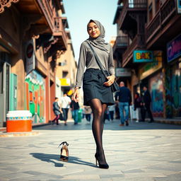 A Muslim teenage girl wearing elegant black stockings and stylish high heels, gracefully walking through the vibrant streets of Tehran, Iran