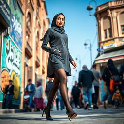 A Muslim teenage girl wearing elegant black stockings and stylish high heels, gracefully walking through the vibrant streets of Tehran, Iran