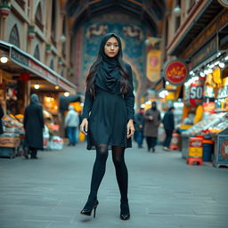 A Muslim teenage girl wearing black stockings and high heels walking confidently in the bustling streets of Tehran