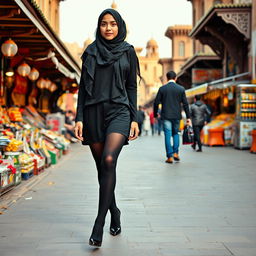 A Muslim teenage girl wearing black stockings and high heels walking confidently in the bustling streets of Tehran