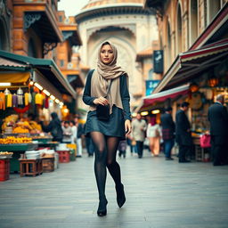 A Muslim teenage girl wearing black stockings and high heels walking confidently in the bustling streets of Tehran