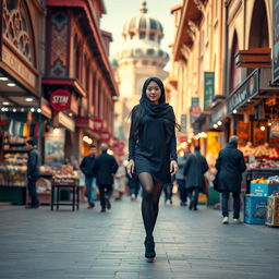 A Muslim teenage girl wearing black stockings and high heels walking confidently in the bustling streets of Tehran