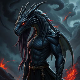 An adult dragon in human form, embodying a striking and powerful presence