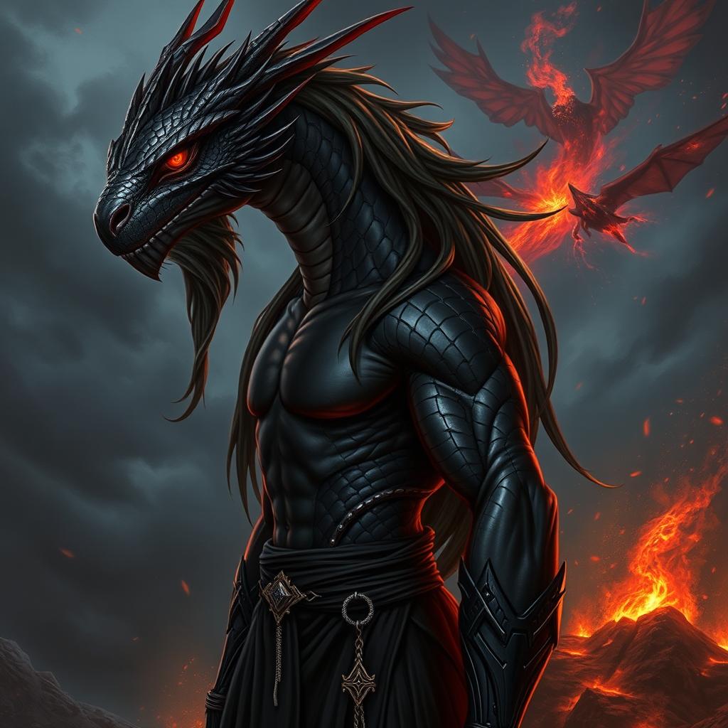 An adult dragon in human form, embodying a striking and powerful presence