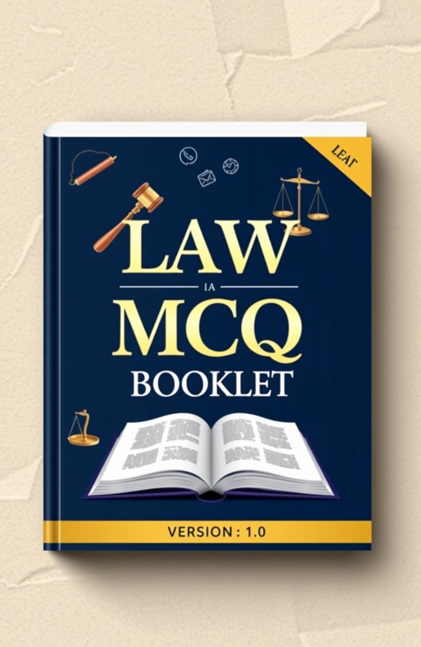 An eye-catching book cover for a law multiple-choice questions booklet titled 'Law MCQ Booklet Version 1