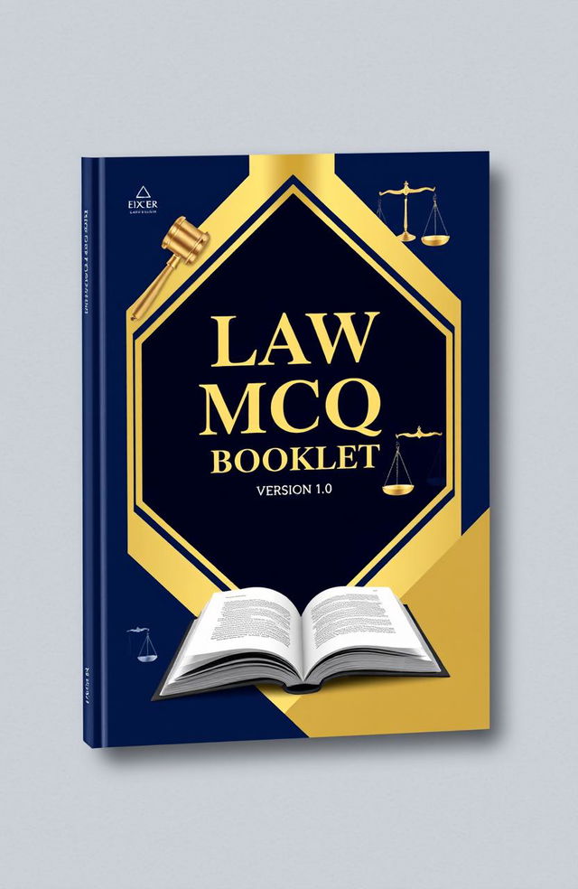 An eye-catching book cover for a law multiple-choice questions booklet titled 'Law MCQ Booklet Version 1