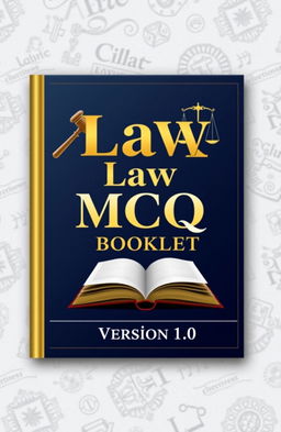 An eye-catching book cover for a law multiple-choice questions booklet titled 'Law MCQ Booklet Version 1