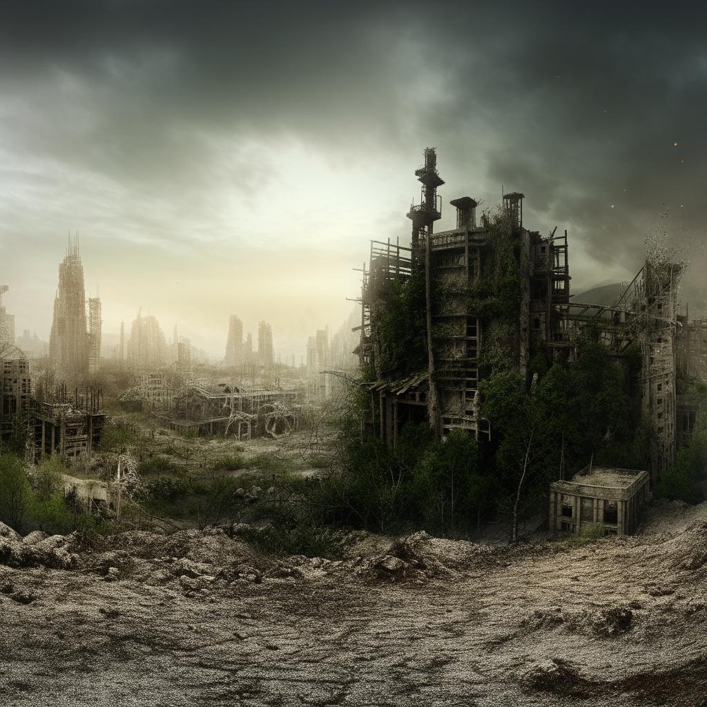 A desolate, apocalyptic landscape with remnants of civilization