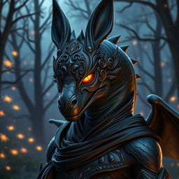 An adult dragon in human form, wearing an elegant black rabbit mask