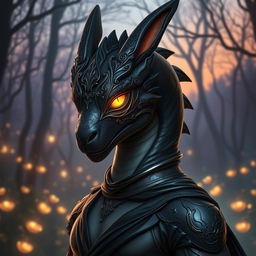 An adult dragon in human form, wearing an elegant black rabbit mask