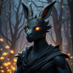An adult dragon in human form, wearing an elegant black rabbit mask